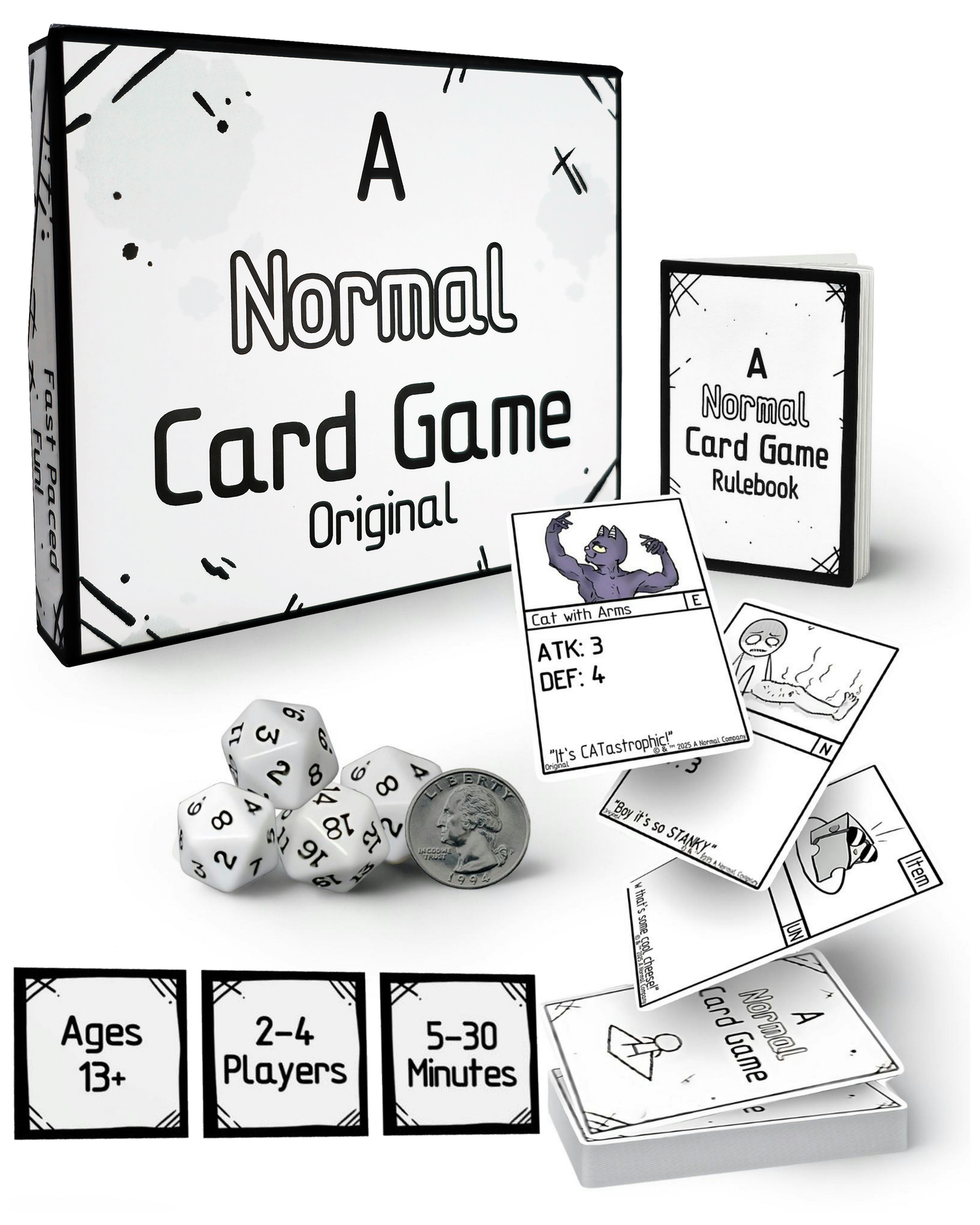 Card game packaging with cards, dice, and rulebook on a white background
