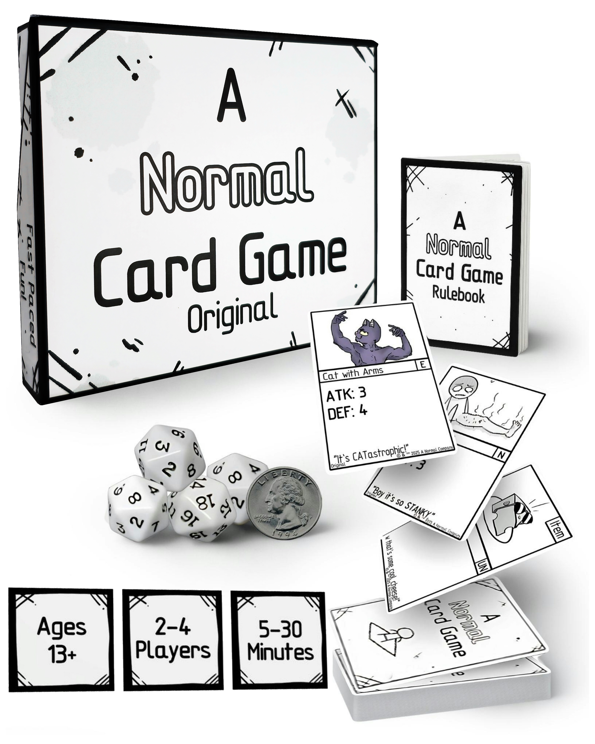 Card game packaging with cards, dice, and rulebook on a white background