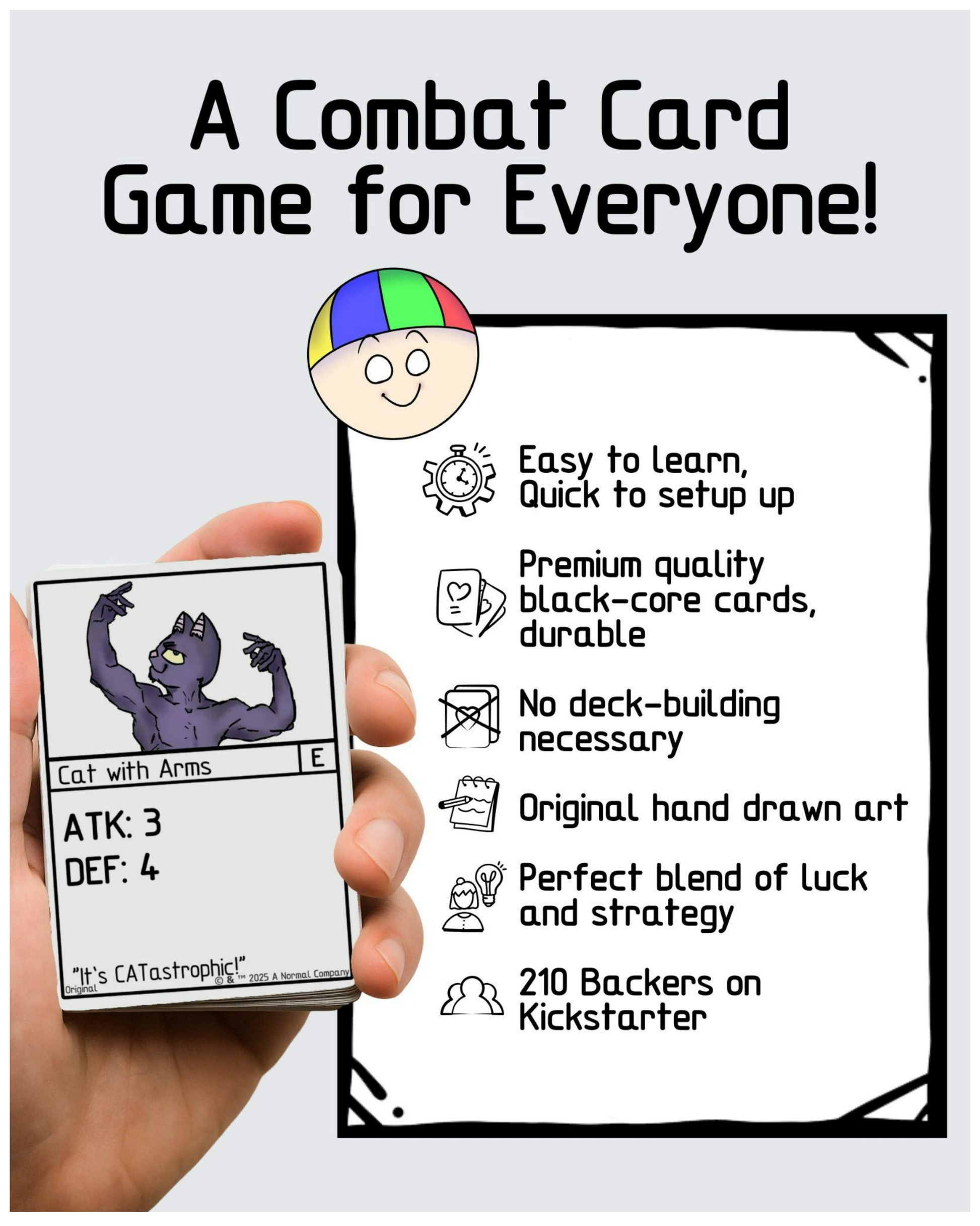 Card game promotional image with a card held by a hand, text about the game, and a colorful character illustration.