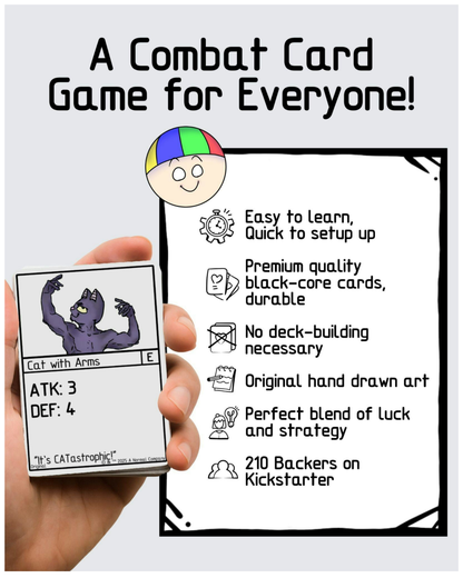 Card game promotional image with a card held by a hand, text about the game, and a colorful character illustration.