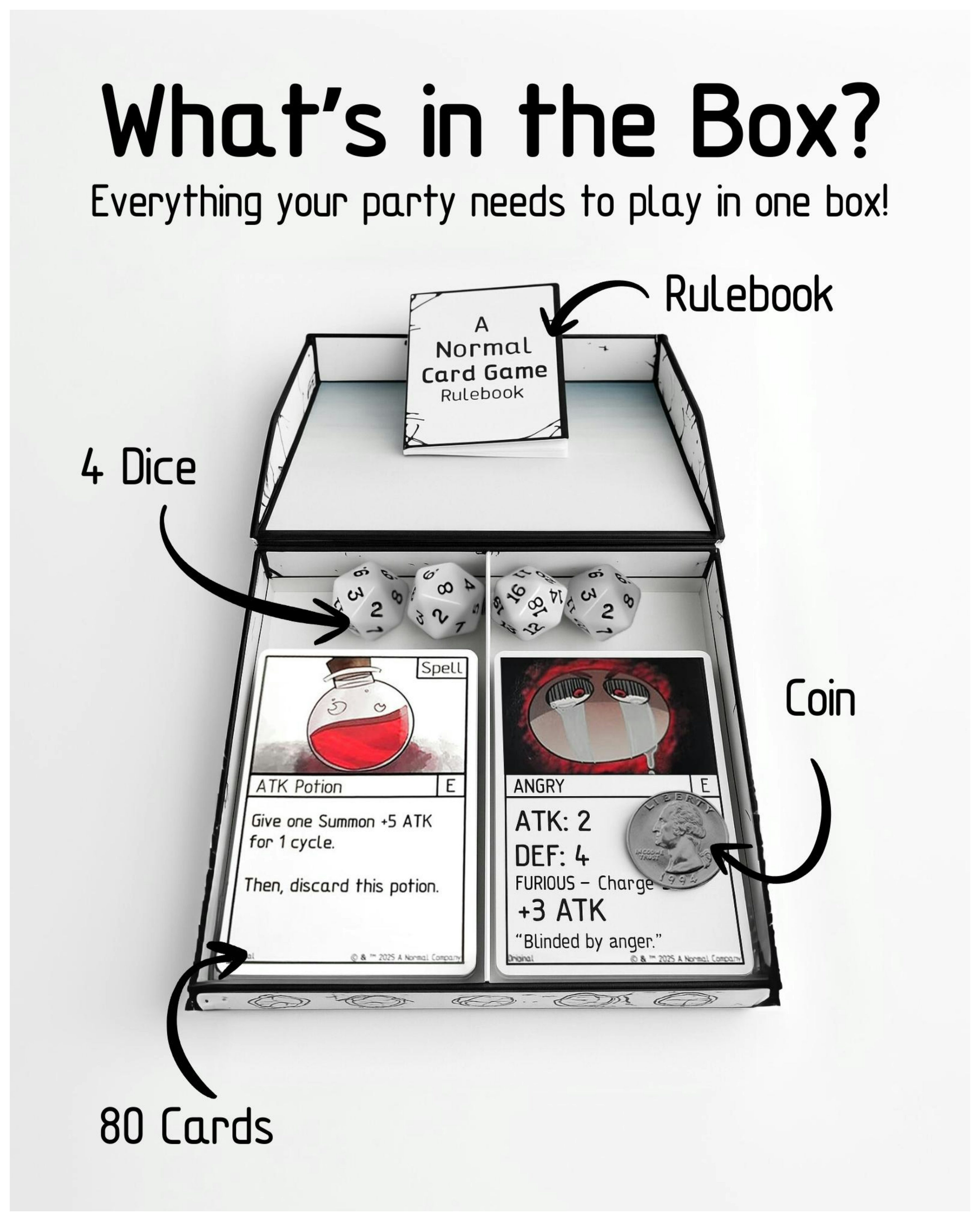 Card game box with components labeled including cards, dice, rulebook, and coin.