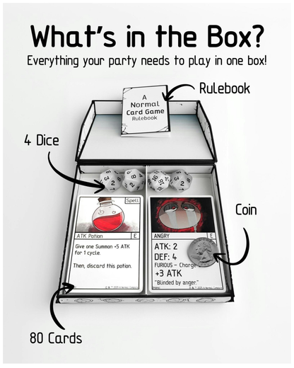 Card game box with components labeled including cards, dice, rulebook, and coin.