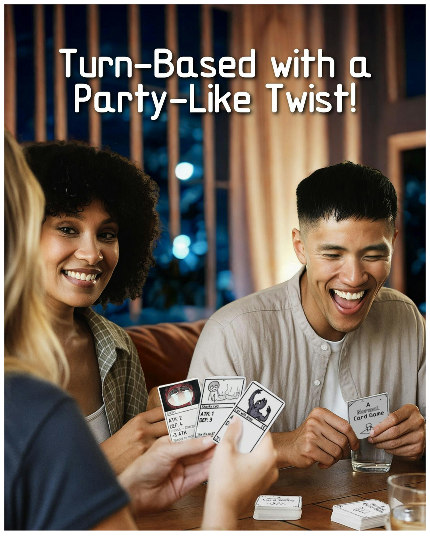 People playing cards together with text 'Turn-Based with a Party-Like Twist!'