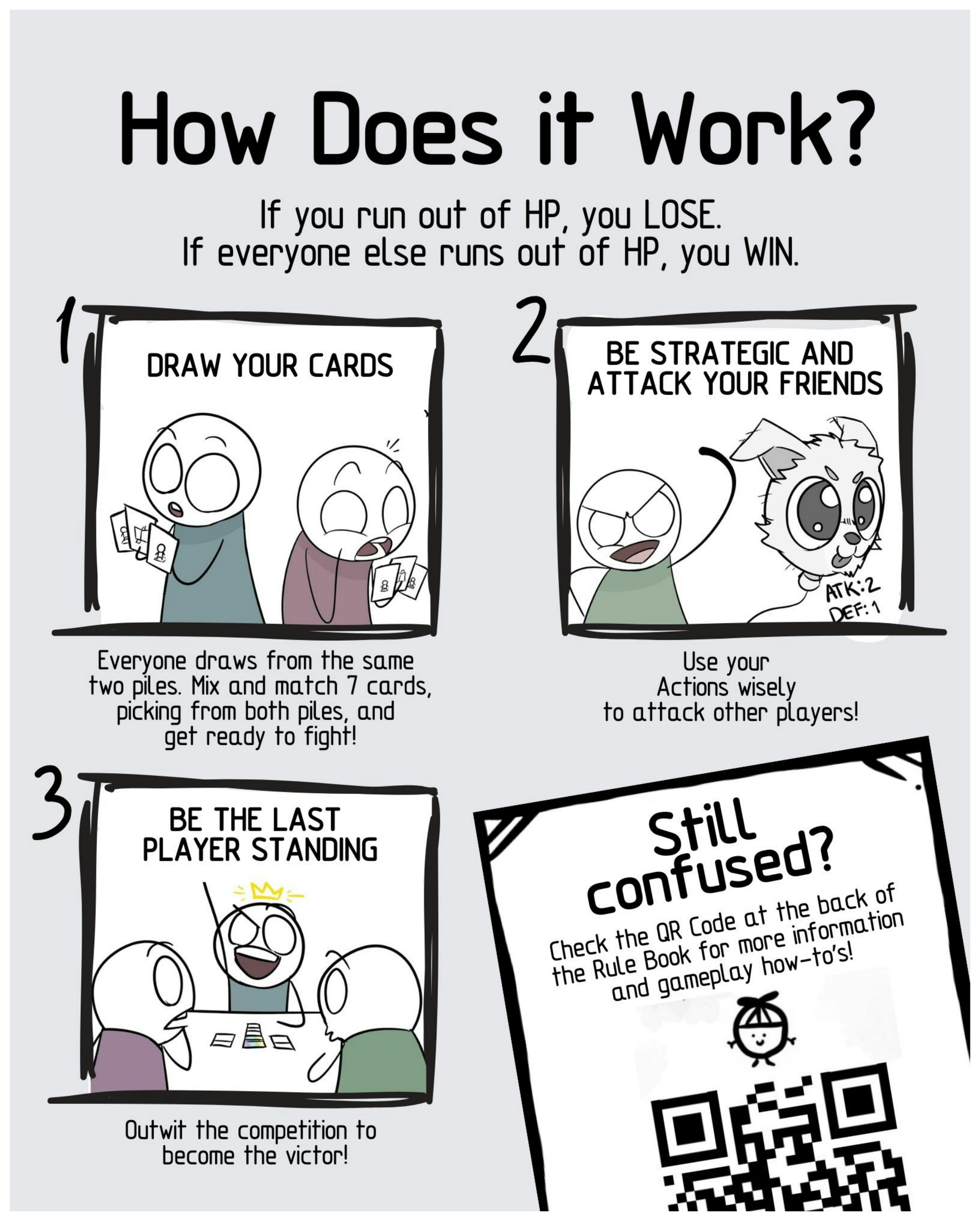 Comic-style guide on how to play a card game with rules and instructions.