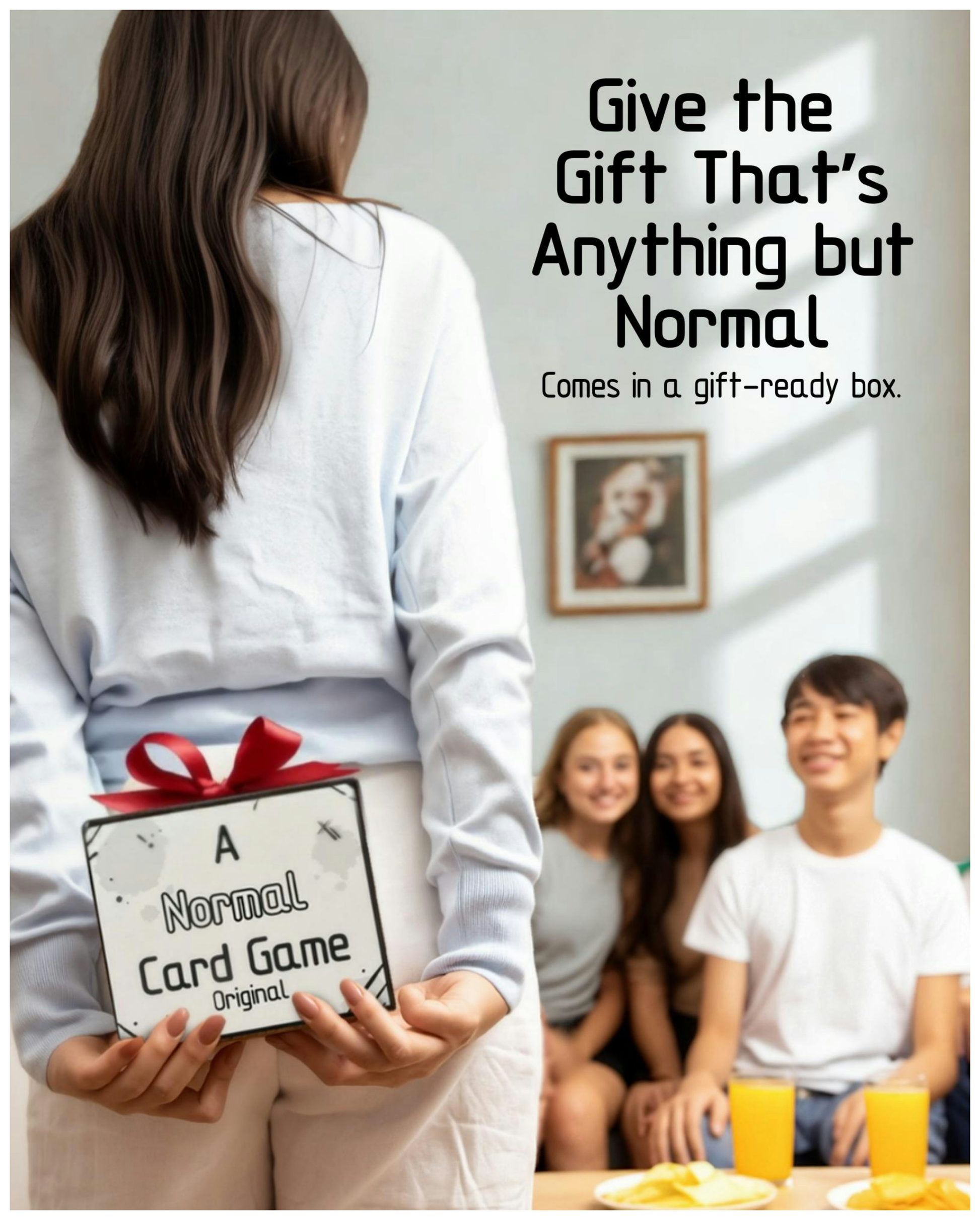 Person holding a card game box with text 'Give the Gift That's Anything but Normal' and 'A Normal Card Game Original'.